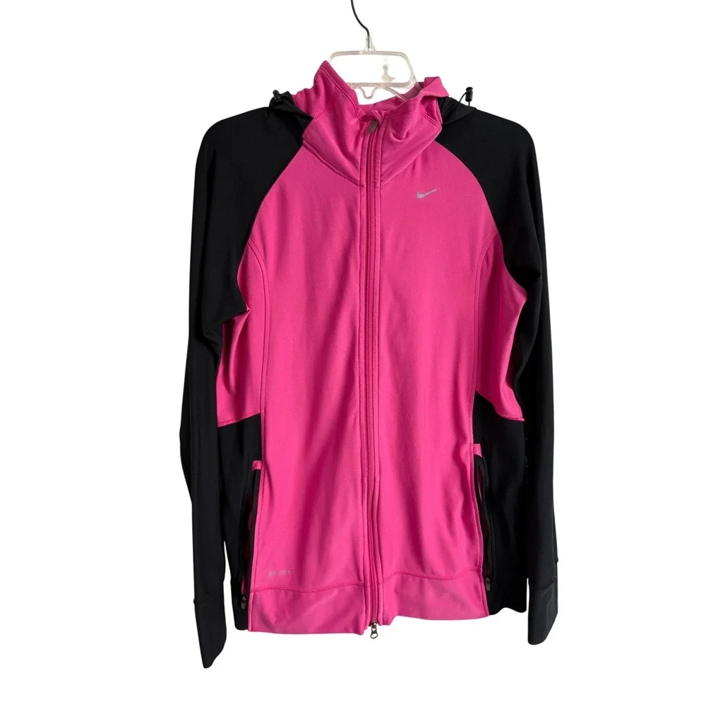 Nike Running Dri-FIT Full Zip Hoodie Pink Black Colorblock Thumbholes‎ Womens XL
